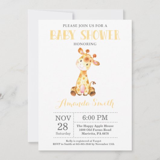 Giraffe Baby Shower Einladung Gelb und Grau (Vorderseite)