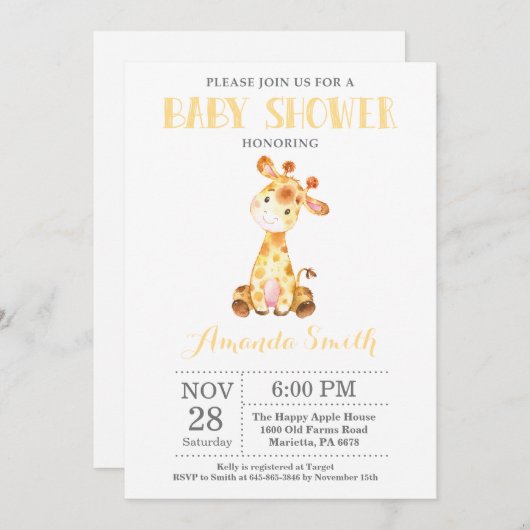 Giraffe Baby Shower Einladung Gelb und Grau (Vorne/Hinten)