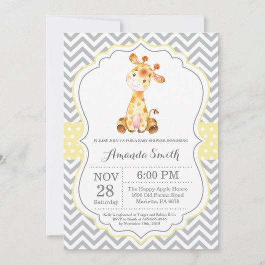 Giraffe Baby Shower Einladung Gelb und Grau (Vorderseite)