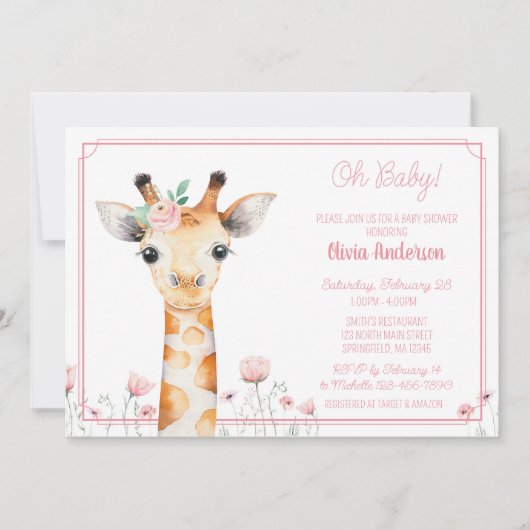 Giraffe Baby Shower Einladung, Pink Girl Giraffe Einladung (Vorderseite)