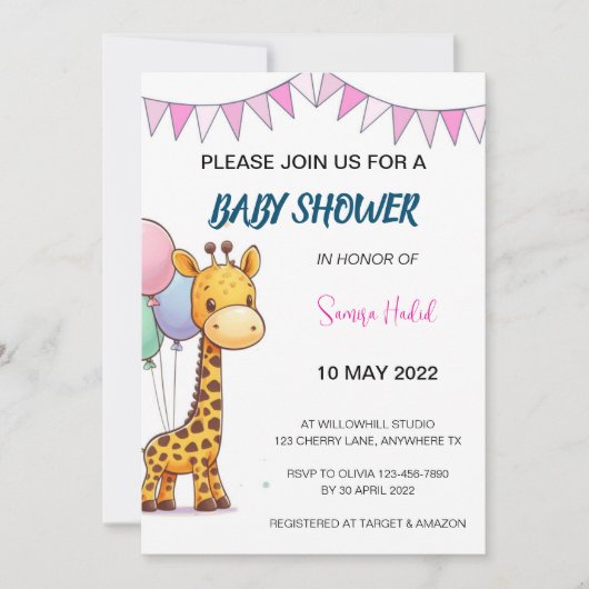 Giraffe Baby Shower - Girl Einladung (Vorderseite)
