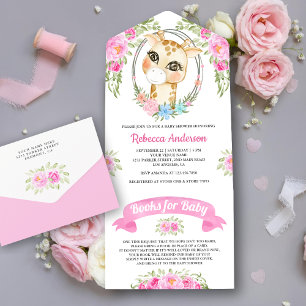 Giraffe-Baby-Shower mit rosa floralem Kranz All In One Einladung