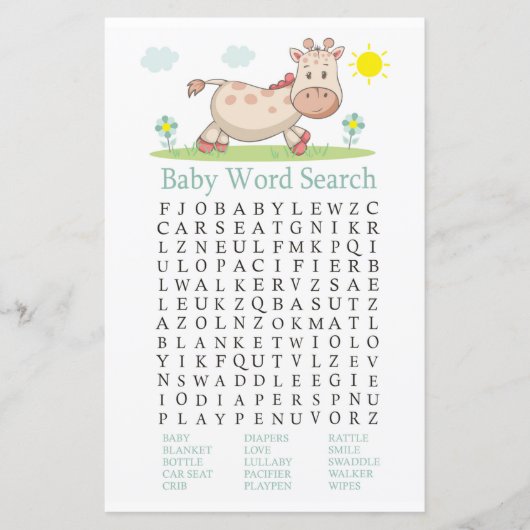 Giraffe Baby Shower Word Search Game (Vorderseite)