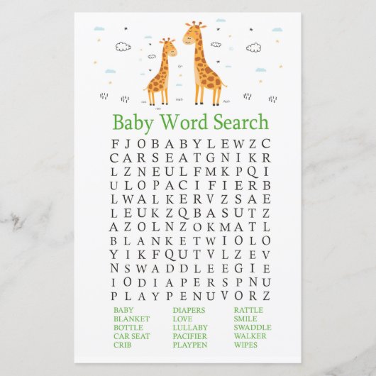 Giraffe Baby Shower Word Search Game (Vorderseite)
