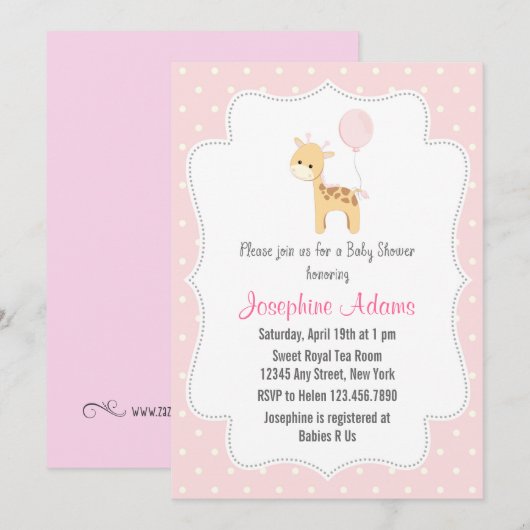 Giraffe Babydusche Einladung Rosa (Vorne/Hinten)