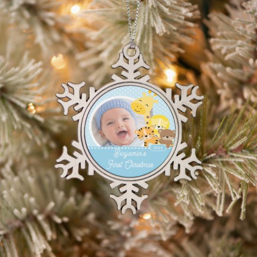 Giraffe Baby's First Christmas Foto Schneeflocken Zinn-Ornament (Baum)