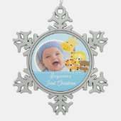 Giraffe Baby's First Christmas Foto Schneeflocken Zinn-Ornament (Vorderseite)