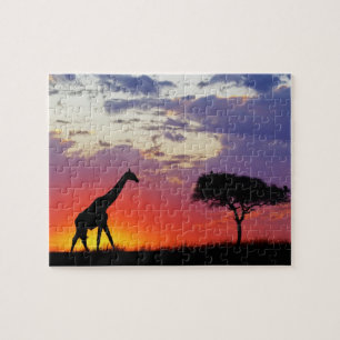 Giraffe bei Sonnenaufgang silhouettiert, Giraffa Puzzle