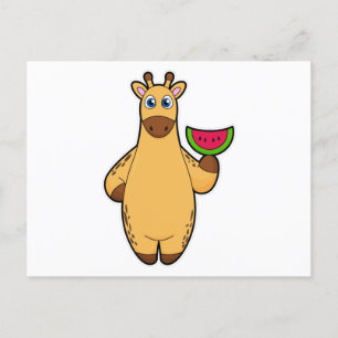 Giraffe beim Essen mit Wassermelone Postkarte