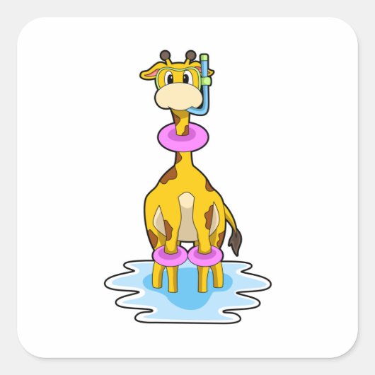 Giraffe beim Schwimmen mit Swim-Ring Quadratischer Aufkleber (Vorderseite)