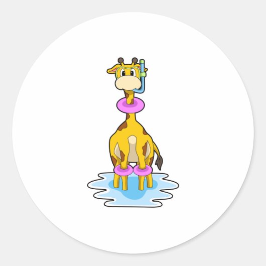 Giraffe beim Schwimmen mit Swim-Ring Runder Aufkleber (Vorderseite)