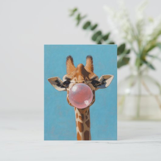 Giraffe Blasen Pink Bubblegum Bubble Postkarte (Stehend Vorderseite)