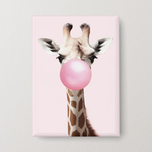 Giraffe bläst Pink Bubble Gum Whimsical Art Button (Vorderseite)