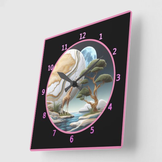 Giraffe blickt auf den Mondsee Afrikas Quadratische Wanduhr (Winkel)