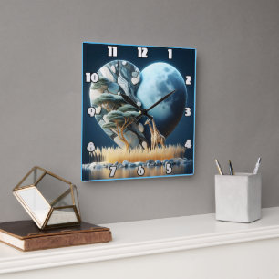 Giraffe blickt auf eine ruhige, herzförmige Landsc Quadratische Wanduhr