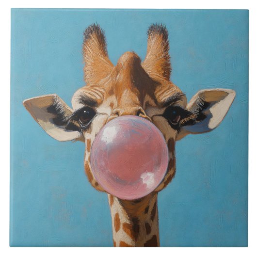 Giraffe Blowing Pink Bubblegum Bubble Fliese (Vorderseite)