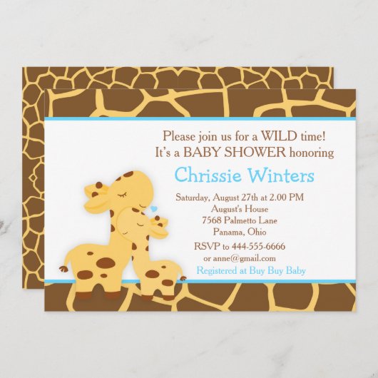 Giraffe Blue Boy Baby Shower Einladung (Vorne/Hinten)
