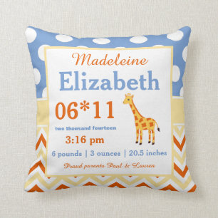 Giraffe Blue Yellow Baby Announcement Pillow Kissen