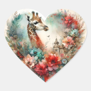Giraffe Blumenlandschaft Aquarell Floral Safari Herz-Aufkleber