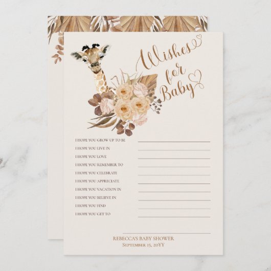 Giraffe Boho Grasses Baby Dusche Wünsche für Baby Einladung (Vorne/Hinten)