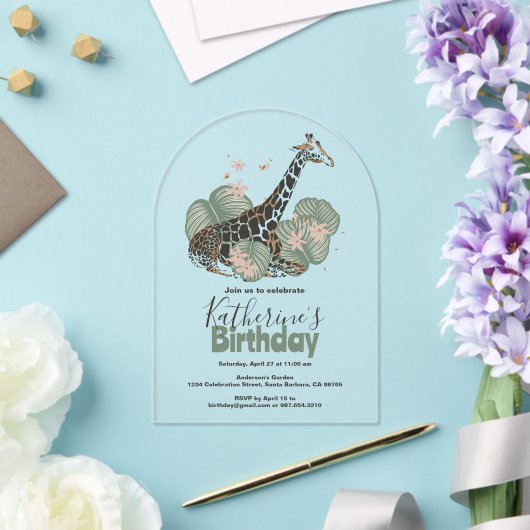 Giraffe Botanische Grüne Tierpartei Acryleinladungen (Insitu (Hochzeit))