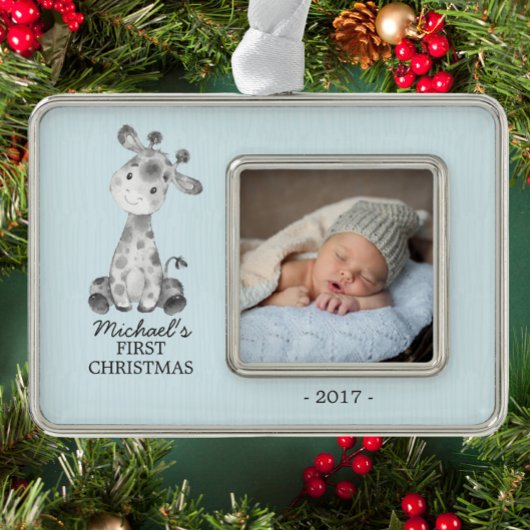 Giraffe Boys Baby's First Christmas Foto Ornament Rahmen-Ornament Silber