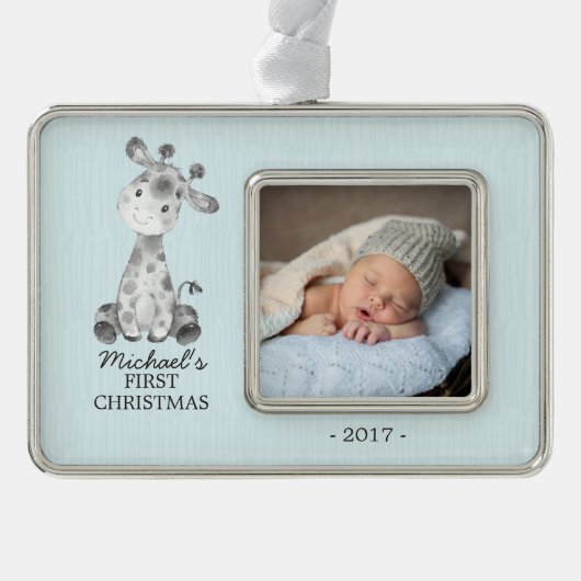 Giraffe Boys Baby's First Christmas Foto Ornament Rahmen-Ornament Silber (Vorderseite)