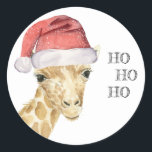 Giraffe Christmas Hat HO HO HO Runder Aufkleber<br><div class="desc">Niedlicher Weihnachtsaufkleber mit einer lustigen Giraffe in roter Weihnachtsmannmütze. Im Text steht: "Ho,  Ho,  Ho"</div>