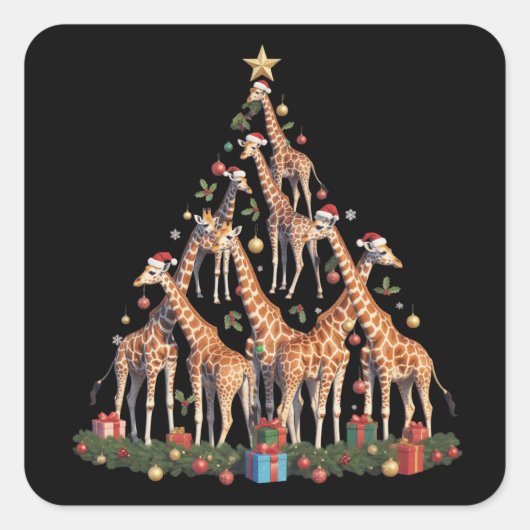 Giraffe Christmas Tree Santa African Wildlife Farm Quadratischer Aufkleber (Vorderseite)