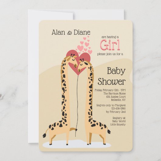 Giraffe Couple Girl Baby Shower Einladung (Vorderseite)