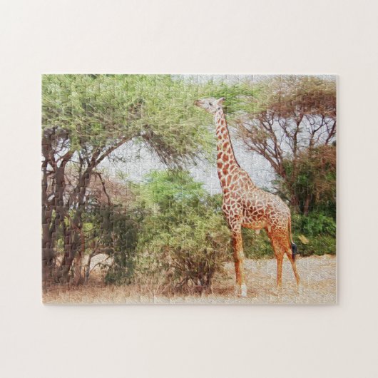 Giraffe Eating Blätter Malerei Foto Puzzle (Horizontal)