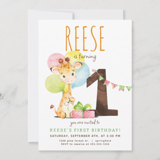 Giraffe Einladung zum ersten Geburtstag (Vorderseite)