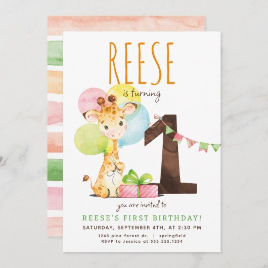 Giraffe Einladung zum ersten Geburtstag (Vorne/Hinten)