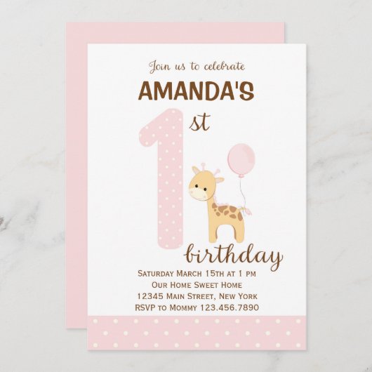 Giraffe Einladung zum ersten Geburtstag (Rosa) (Vorne/Hinten)