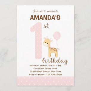 Giraffe Einladung zum ersten Geburtstag (Rosa)