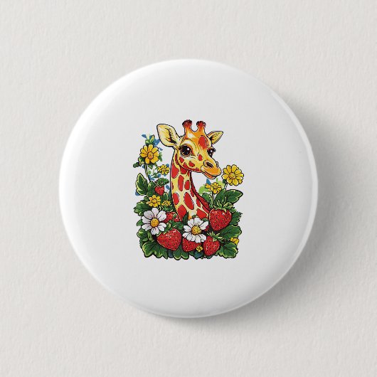 Giraffe Erdbeeren und Blume Grafische Niedliche Gi Button (Vorderseite)