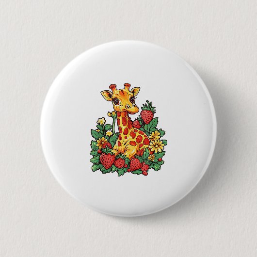 Giraffe Erdbeeren und Blume Grafische Niedliche Gi Button (Vorderseite)