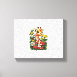 Giraffe Erdbeeren und Blumen Grafik Süße Giraffe Leinwanddruck