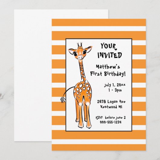 Giraffe - erster Geburtstag Einladung (Vorne/Hinten)