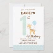 Giraffe Erster Geburtstag Einladung (blau) (Vorderseite)