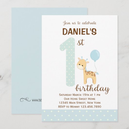 Giraffe Erster Geburtstag Einladung (blau) (Vorne/Hinten)