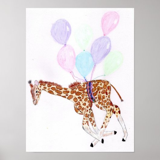 Giraffe fliegt mit einigen Luftballons Poster (Vorne)