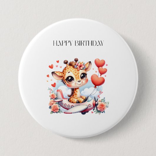 Giraffe Flugzeug Geburtstag Button (Vorderseite)