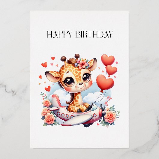 Giraffe Flugzeug Geburtstag Folieneinladung (Vorderseite)