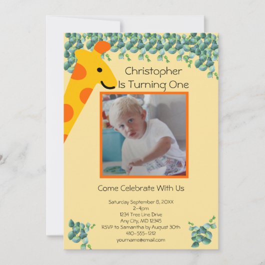 Giraffe Foto Boys 1. Geburtstag Einladung (Vorderseite)