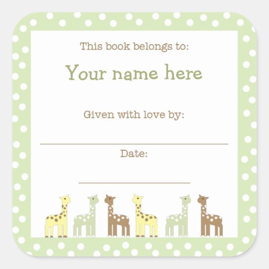 Giraffe Friends Baby Shower Book Plate Neutral Gen Quadratischer Aufkleber (Vorderseite)