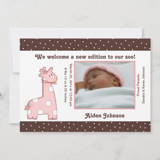 Giraffe Geburtsankündigung (Rosa) Ankündigung (Vorderseite)
