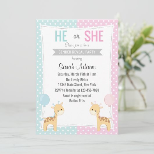 Giraffe Gender Reveal Party Einladung (Stehend Vorderseite)