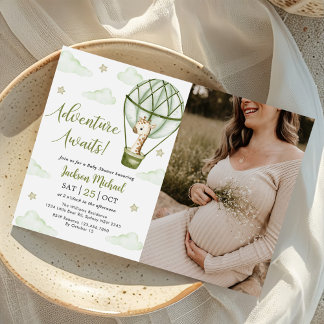 Giraffe Hot Air Ballon Green Baby Shower Foto Einladung