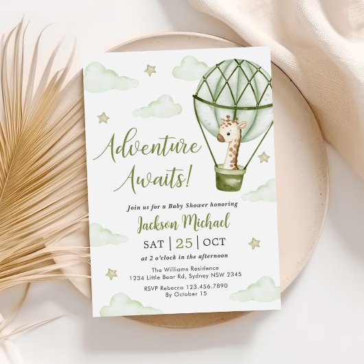 Giraffe Hot Air Ballon Green Boy Baby Shower Einladung